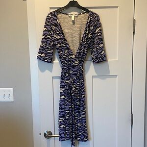Diane Von Furstenberg Purple and Black Printed Silk Wrap Dress